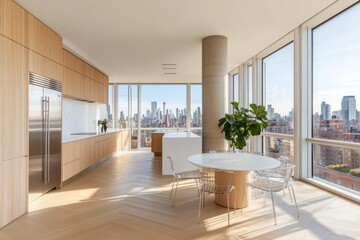 Fototapeta premium A modern kitchen with a large window overlooking a cityscape. The kitchen features white countertops, stainless steel appliances, and wooden cabinetry. 