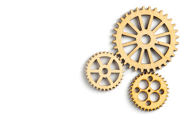 Wooden gear isolated on white background. empty space for copy space. concept of progress,...