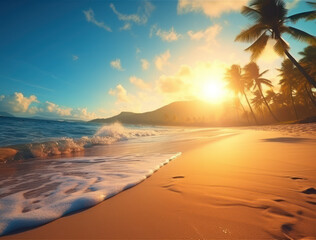 Tropical Beach at Sunset with Gentle Waves and Lush Palm Trees Underneath a Colorful Sky Illuminated by Golden Sunlight