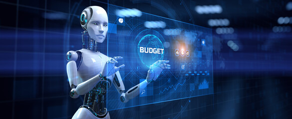 Budget Financial Planning 3D Render Illustrated with a Robot Pressing a Button on a Virtual Screen.