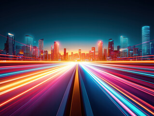 Fototapeta premium vibrant cityscape at night with colorful light trails creating dynamic, futuristic atmosphere. glowing skyscrapers and smooth transitions of light suggest bustling urban environment