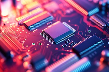 Obraz premium Close-up of circuit board with microchips and glowing details