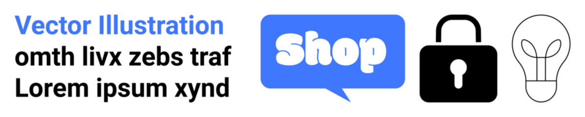 Includes a blue speech bubble with the word Shop inside, a black padlock icon, and a light bulb sketch. Ideal for e-commerce, online shopping, security, innovation, and technology. Banner for landing