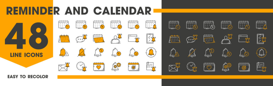 Reminder, calendar planner and alarm icons for notification message bells, vector pictograms. Mobile app calendar and reminder icons with e-mail, appointment and calendar event date notification alert