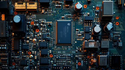 Processor with integration AI. AI Letters on chip. CPU connected to motherboard . Artificial intelligence technology in electronic chip on pcb board. Hardware tech conceptual background. 3d Vector.
