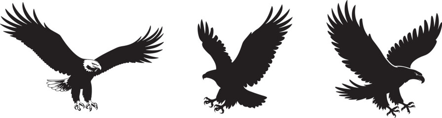 Soaring Eagle Silhouettes, A trio of majestic eagle silhouettes in flight, captured in a striking black and white design. Perfect for a powerful visual representation of strength, freedom.