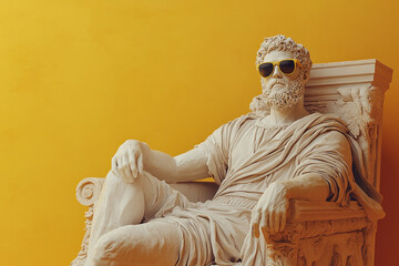 A Greek statue of an ancient man sitting on a throne wearing sunglasses on a yellow background. Minimalist style.
