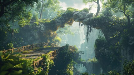 Ancient Stone Archway Bridge in a Lush Jungle