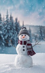 Fototapeta premium Cheerful Snowman in a Winter Wonderland with Snowy Forest and Falling Snowflakes