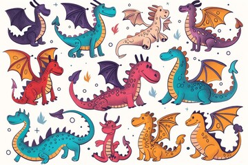Funny dragons doodle set, cartoon dino, graphic dinosaurs isolated, monster animals
