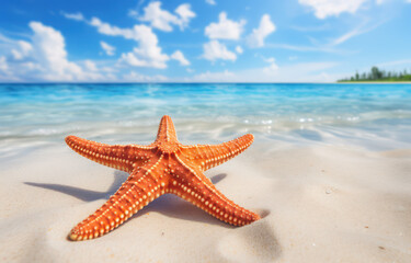 Bright Orange Starfish on Sandy Beach Under a Clear Blue Sky with Gentle Waves and Fluffy White Clouds in the Background, Perfect for Coastal and Marine Imagery