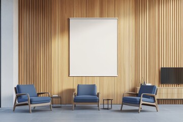 Fototapeta premium Minimalist living room interior with three blue armchairs, a large blank canvas, wooden wall paneling, and a flat screen TV.