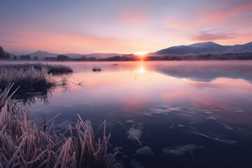 Fototapeta premium Sunrise Over Frosty Lake with Mist, Mountains, and Colorful Sky Reflecting on Water Surface in a Tranquil Nature Landscape