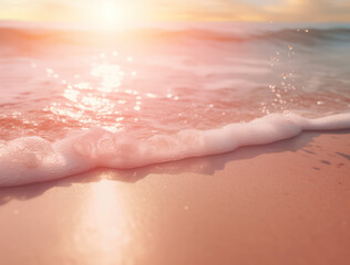 Fototapeta premium Scene of gentle ocean waves lapping at the serene sandy shore during a beautiful sunset with soft pastel colors and sparkling water reflections