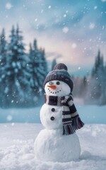 Obraz premium Cheerful Snowman in a Winter Wonderland with Snowy Forest and Falling Snowflakes