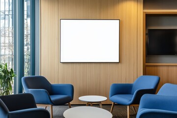 Modern office waiting area with blue chairs, a white coffee table and a blank framed canvas on the wall.