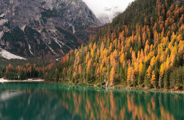 Vibrant autumn colors reflected in Lago di Braies