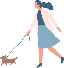 Stylized vector flat style woman walking with dog silhouette isolated on background