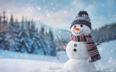 Obraz premium Cheerful Snowman in a Winter Wonderland with Snowy Forest and Falling Snowflakes