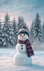 Fototapeta premium Cheerful Snowman in a Winter Wonderland with Snowy Forest and Falling Snowflakes