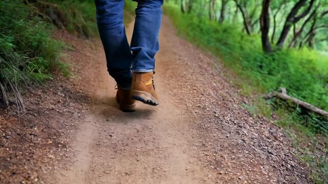Walking along a gravel path in hiking boots and jeans