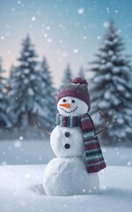 Fototapeta premium Cheerful Snowman in a Winter Wonderland with Snowy Forest and Falling Snowflakes