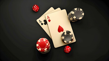 Two cards aces and chips, poker game. Black background, top view.