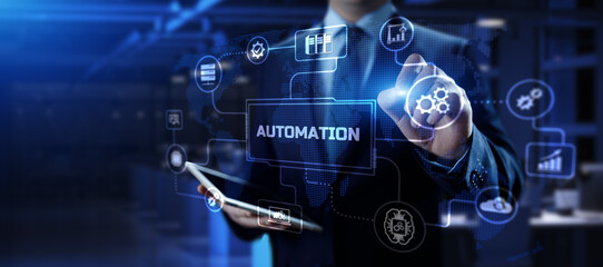 Automation Innovation technology concept. Businessman pressing button on screen.