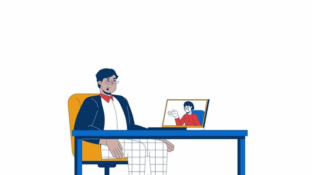 HR conducting virtual interview with candidate 2D characters animation. Recruiter cartoon 4K video, alpha channel. Diverse employer with laptop, woman job seeker animated people on white background