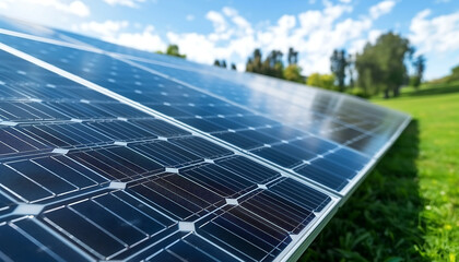 Fototapeta premium Solar Panel Energy: Close-up view of a solar panel in a lush green field under a bright, sunny sky. Clean energy, sustainability, and environmental consciousness are highlighted. 