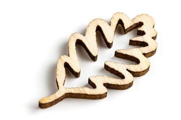 Close up macro shot of laser cut wooden leaf, isolated on white background.