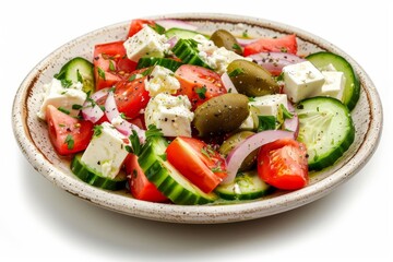 Greek Salad in Light Plate Isolated, Villages Salad or Horiatiki with Tomatoes, Diced Cucumbers, Onion