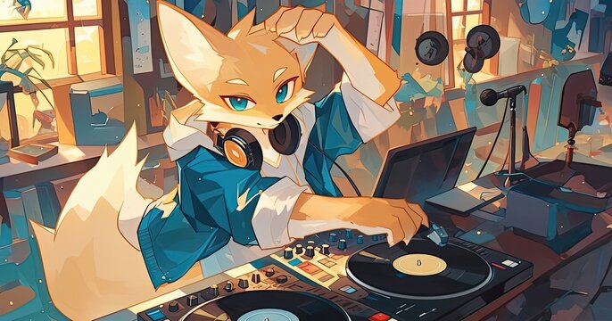 A Fox Dj Mixing Music In A Cozy Studio