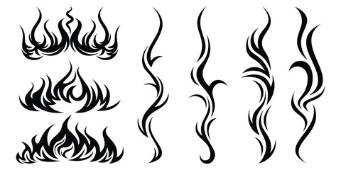 Silhouette Fire flames. Old school tattoo neo-tribal style or silhouette flame for cars. set vector icons. Fire sign. Fire flame icon isolated on white background. Vector illustration	