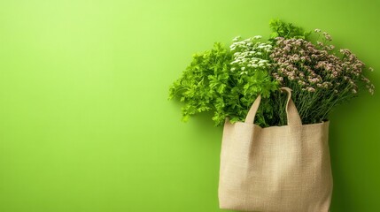 A green background with a brown bag filled with herbs and flowers. The bag is placed on a green wall