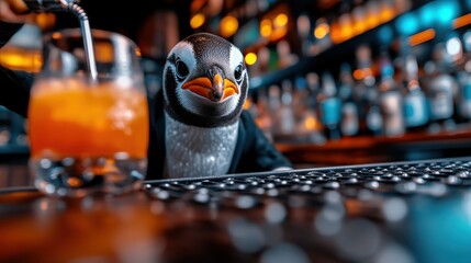 A whimsical penguin dressed as a bartender, expertly mixing a cocktail, portraying a delightful twist on traditional bar scenes that sparks joy and invites laughter.