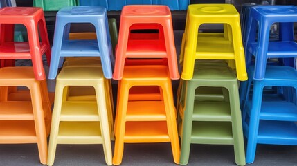 Fototapeta premium Colorful Stacked Plastic Stools in Various Bright Shades and Styles
