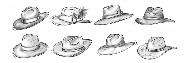 Doodle hats set, bonnet, beret, fedora linear drawings collection