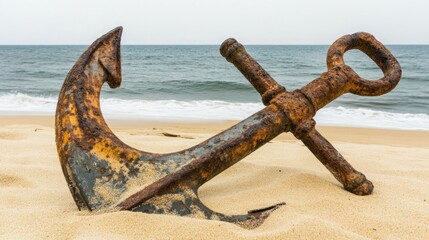 Rusty anchor resting on sandy beach near the ocean.