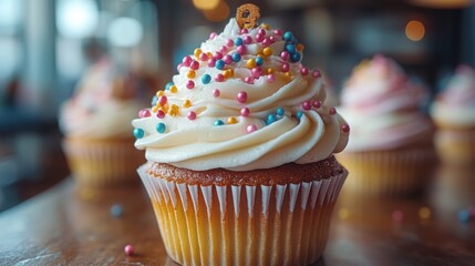 Colorful frosted cupcake with bright sprinkles in a close-up, perfect for dessert lovers and celebrations