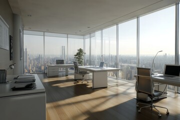 A modern office with large windows overlooking a cityscape.