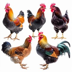 Fototapeta premium Color hens, different hens and roosters set isolated, chickens on white background