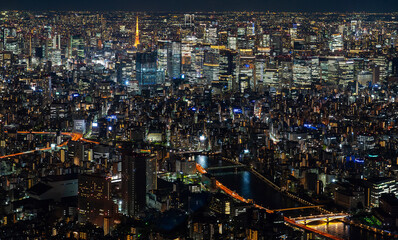 Naklejka premium Vibrant Urban Nightscape Illuminated City Skyline with Towering Skyscrapers Glowing Streets and Reflections on River Showcasing the Energy and Beauty of Modern Architecture and City Lights