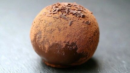 A chocolate covered ball with chocolate chips on top. The chocolate is rich and dark, and the chips add a crunchy texture. Concept of indulgence and luxury