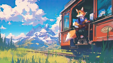 An Anthropomorphic Fox Rides A Train Through Majestic Mountains