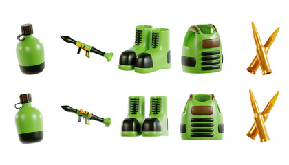 Icon Set of Military-Themed Items featuring a Green Canteen. 3D Icon High Quality Render