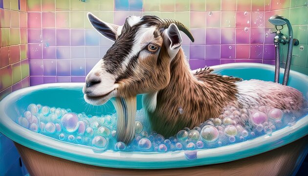 Goat in a bathtub, graffiti art style, bubbles, soap sud
