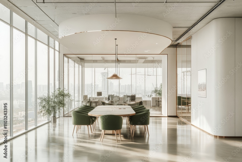 Poster a modern office conference room with large windows overlooking a city skyline. there is a large oval