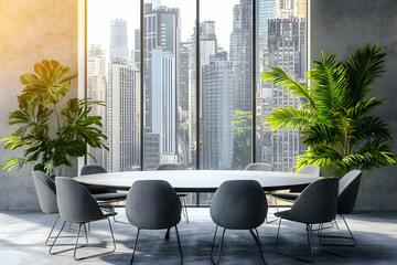 Modern Conference Room, Urban View, Minimalist Design, Sunlit Space, Greenery Accents, Stylish Chairs