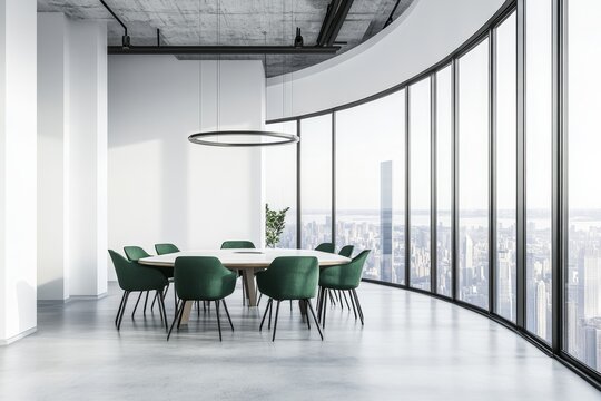 A modern, minimalist office conference room with a round table and green chairs, overlooking a cityscape.
